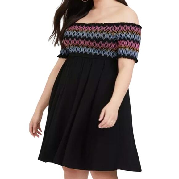 NWT Torrid Black Embroidered Jersey Off Shoulder Skater Dress - Picture 1 of 6